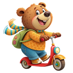 ai generated, bear, bear cub, kick scooter, transport, urban, mobility, electric scooter, trip